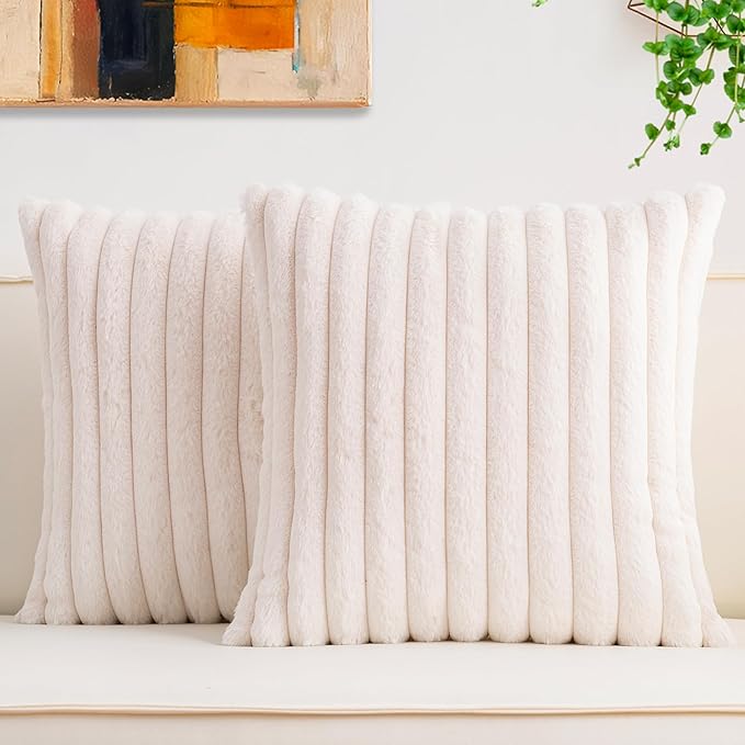 Aegero Pack of 2 Faux Fur Christmas Throw Pillow Covers 18x18 Inch, Soft Plush Striped Neutral Couch Pillow Cover, with Ve...