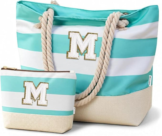 Vavabox Initial Beach Tote Bag for Women, Water-resistant Travel Beach Bag Pool Bag Set, Birthday Gifts for Women Mom