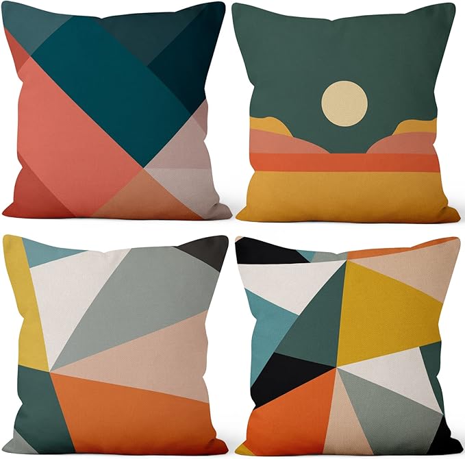 Vie Savaran Geometric Throw Pillow Covers Colorful Geometry Strip Patchwork Sun Abstract Mid Century Modern 18x18 Set of 4...