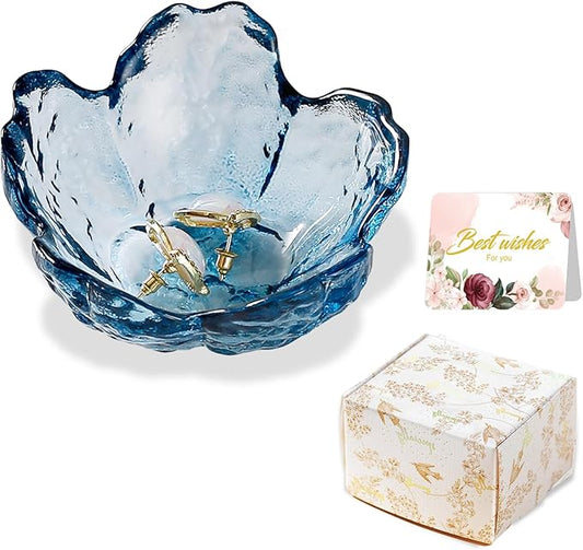 Binoster Blue Flower Glass Ring Dish Jewelry Tray Ring Holder Dish Cute Room Decor Vanity Organizer for Nightstand or Bath...