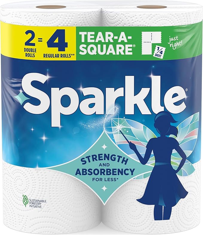 Sparkle Tear-A-Square Paper Towels, 2 Double Rolls (220 Sheets Total) - Strong 2-Ply Towels for Kitchen Cleanup and Everyd...