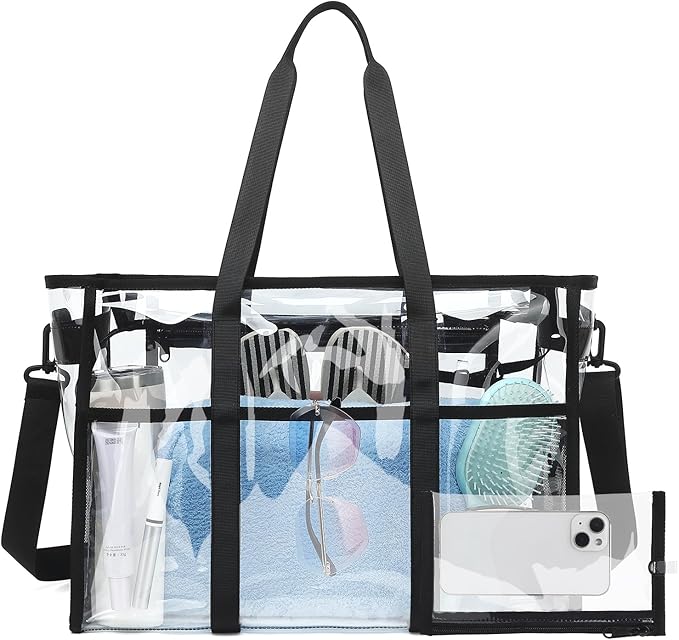 Women's Clear Beach Bag, 17" Large Clear Tote Bags with Phone Pouch and Strap, Heavy Duty Waterproof for Cruise, Pool