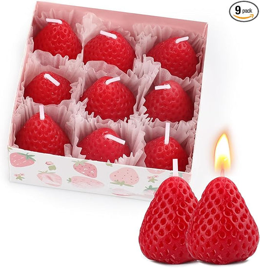 9 Pack Strawberry Shaped Scented Candles, Red Mini Soy Wax Fruit Aroma Decorative Candles, Realistic Strawberry Design for...