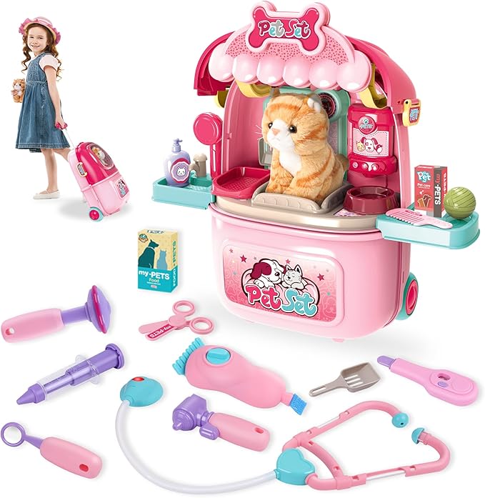 MAGIC4U Pet Cat Care Carrier Suitcase Toy, 29PCS Vet Clinic and Doctor Kit for Kids, Pet Kitty Grooming Feeding Toys, Vete...