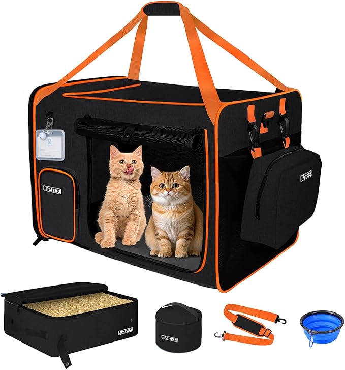 Petskd Extra Large Cat Carrier with Litter Box for Car Travel,24"x17"x17"Portable Soft-Sided Pet Carrier with Zipper Locks...