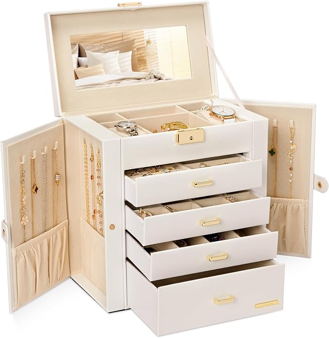 Homde Synthetic Leather Huge Jewelry Box Mirrored Watch Organizer Necklace Ring Earring Storage Lockable Gift Case (White...