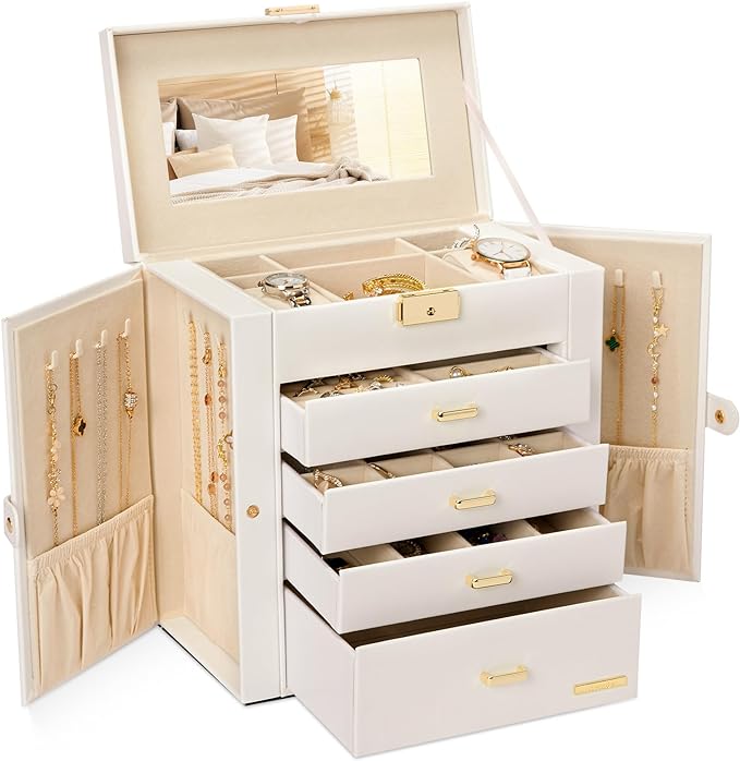 Homde Synthetic Leather Huge Jewelry Box Mirrored Watch Organizer Necklace Ring Earring Storage Lockable Gift Case (White...