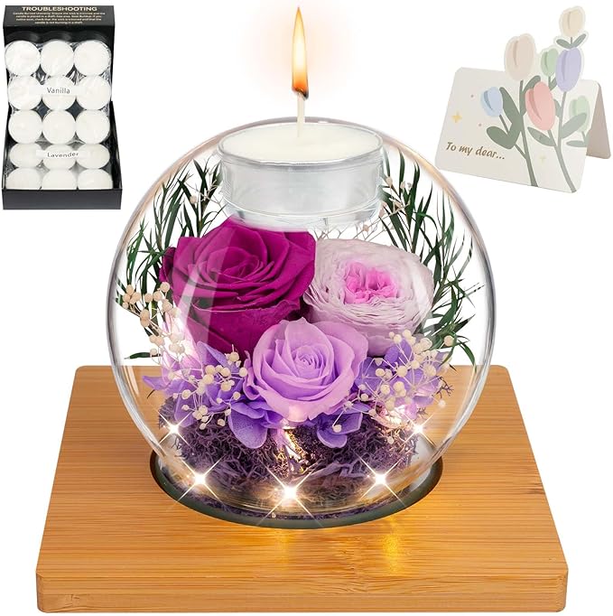 ENERLEAF Preserved Purple Real Rose in Glass with Scented Candles – Forever Flower Romantic Anniversary Christmas Birthday...