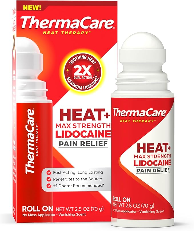 ThermaCare Heat + Max Strength 4% Lidocaine Roll-On - Dual Action Pain Relief with Patented Heatwave Technology - Targeted...