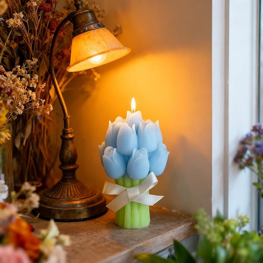 Tulip Flower Bouquet Scented Candle,Blue Blossoming Tulip Floral Soy Wax Decorative Candle for Self-Care,Delicate Romantic...
