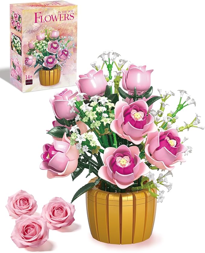 Mavo brix Pink Rose Building Set for Adults, Botanical Flowers Bouquet with Vase, Home Décor Centerpiece, Gift for Women, ...