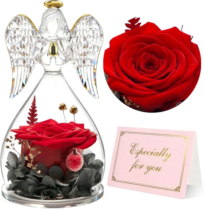Yamonic Mom Birthday Gifts for Women, Preserved Roses Forever Flower in Glass Angel Figurines Gifts for Moms Grandma, Real...
