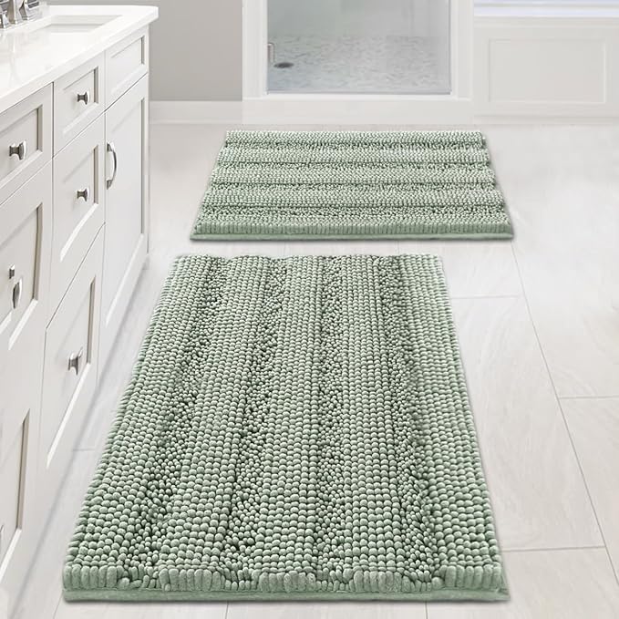 H.VERSAILTEX Sage Bathroom Rugs, Bath Mat Set of 2 Extra Thick Chenille Striped Pattern Shaggy Bath Rugs for Bath Room, No...