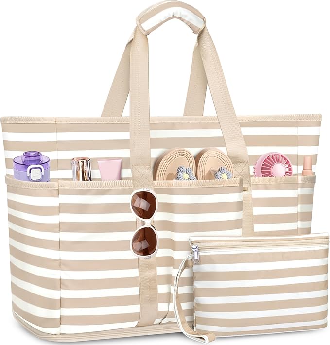 TEUEN Large Beach Bag with Zipper, 12 Pockets Waterproof Sandproof Pool Bag Womens Mesh Beach Tote Bag for Travel Vacation
