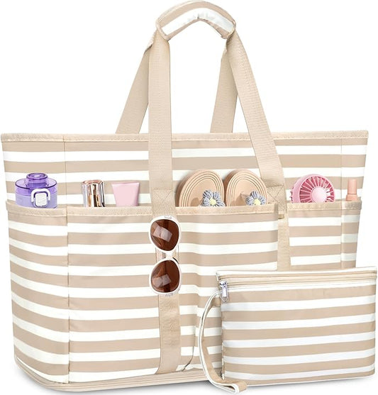 TEUEN Large Beach Bag with Zipper, 12 Pockets Waterproof Sandproof Pool Bag Womens Mesh Beach Tote Bag for Travel Vacation