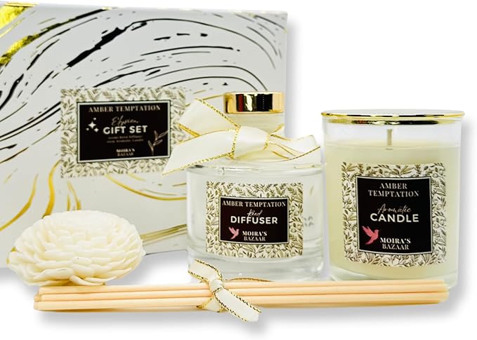 Moira's Bazaar Elysian Essence Aromatherapy Gift Set – Luxury Candle and Flower Reed Diffuser – Perfect Scented Gift for T...