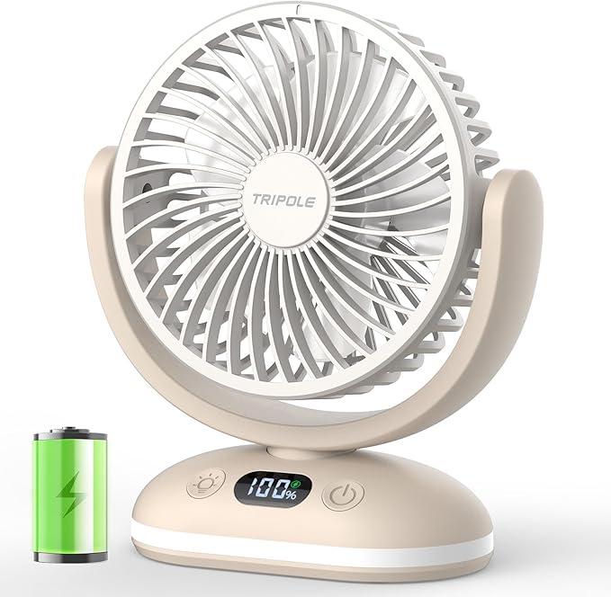 TriPole Desk Fan Small Quiet Rechargeable Portable Fan for Travel with Smart Display & LED Light, 31H Runtime, 4 Speeds Mi...