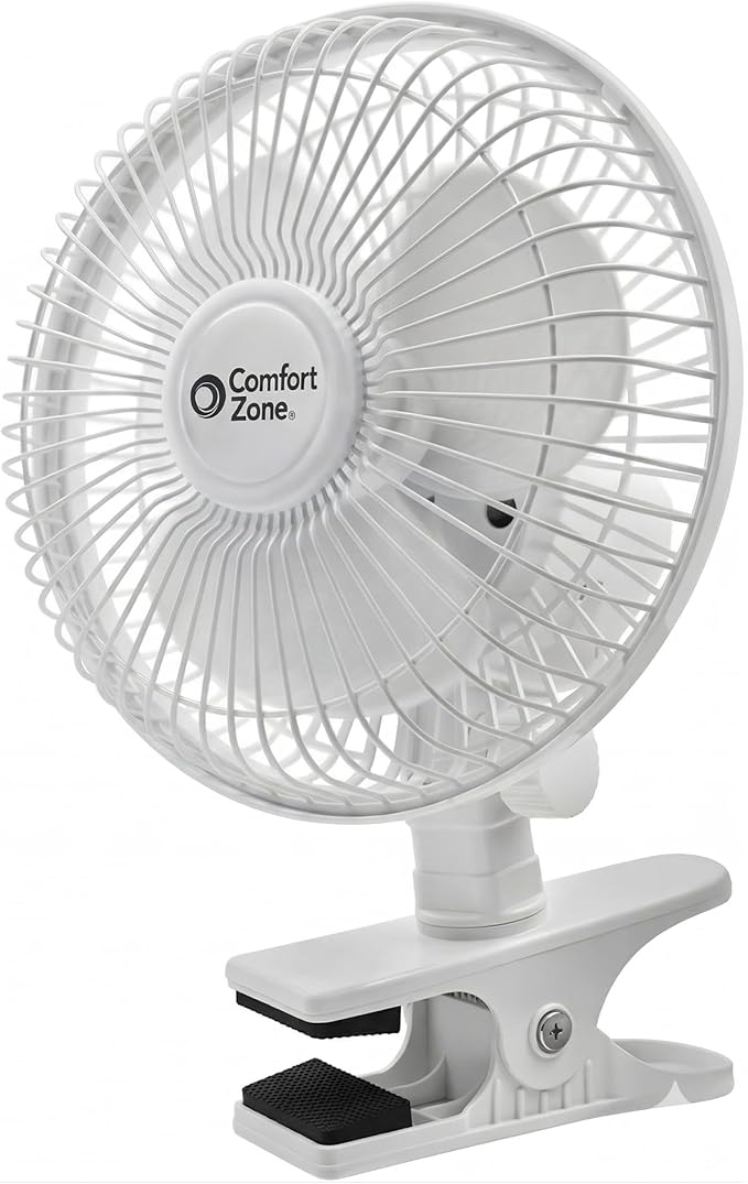 Comfort Zone Portable Clip on Fan with Fully Adjustable Tilt, Electric, 6 inch, Quiet, Indoor, 2 Speed, Mini Desk Fan, Tab...