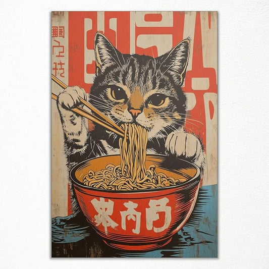 Nanxiwofee Vintage Japanese Cat Canvas Wall Art, Quirky Black Cat Eating Ramen Poster, Retro Funny Animal Food Art Print, ...