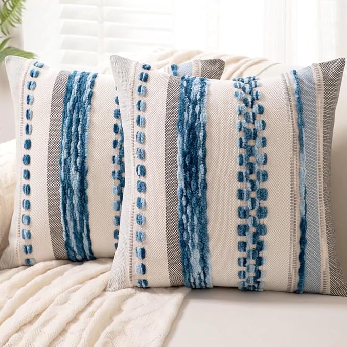 WANLIRD Boho Throw Pillow Covers 18x18 Set of 2 Farmhouse Decorative Cushion Case Striped Square Pillows Cover Chenille Pi...