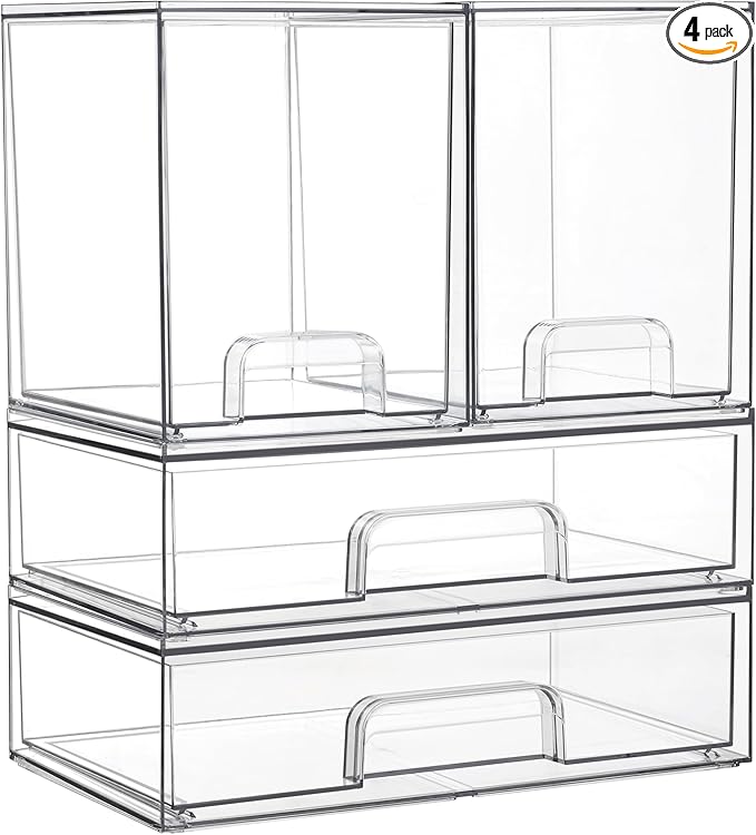 Vtopmart Clear Stackable Storage Drawers Set of 4, Plastic Organizer Bins for Makeup, Cosmetics, Beauty Supplies,Ideal for...