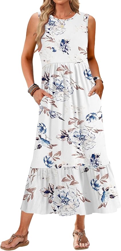AUSELILY Womens Summer Dresses 2026 Sleeveless Maxi Dress Crewneck Casual Flowy Tiered Sundresses with Pockets