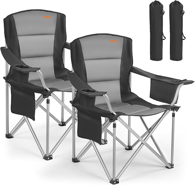 VEVOR Oversized Camping Folding Chair, Portable Heavy Duty Outdoor Quad Lumbar Back Padded with Side Pockets, Cup Holder a...