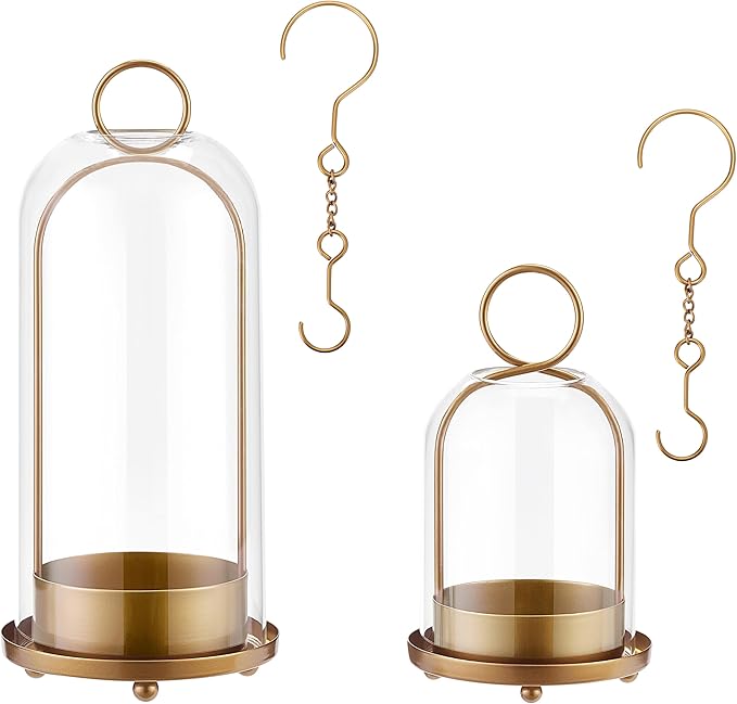 Gdfmsc Hurricane Metal & Glass Candle Holder Gold Set of 2, Decorative Candlestick Pillar Candle Holder with Clear Glass f...