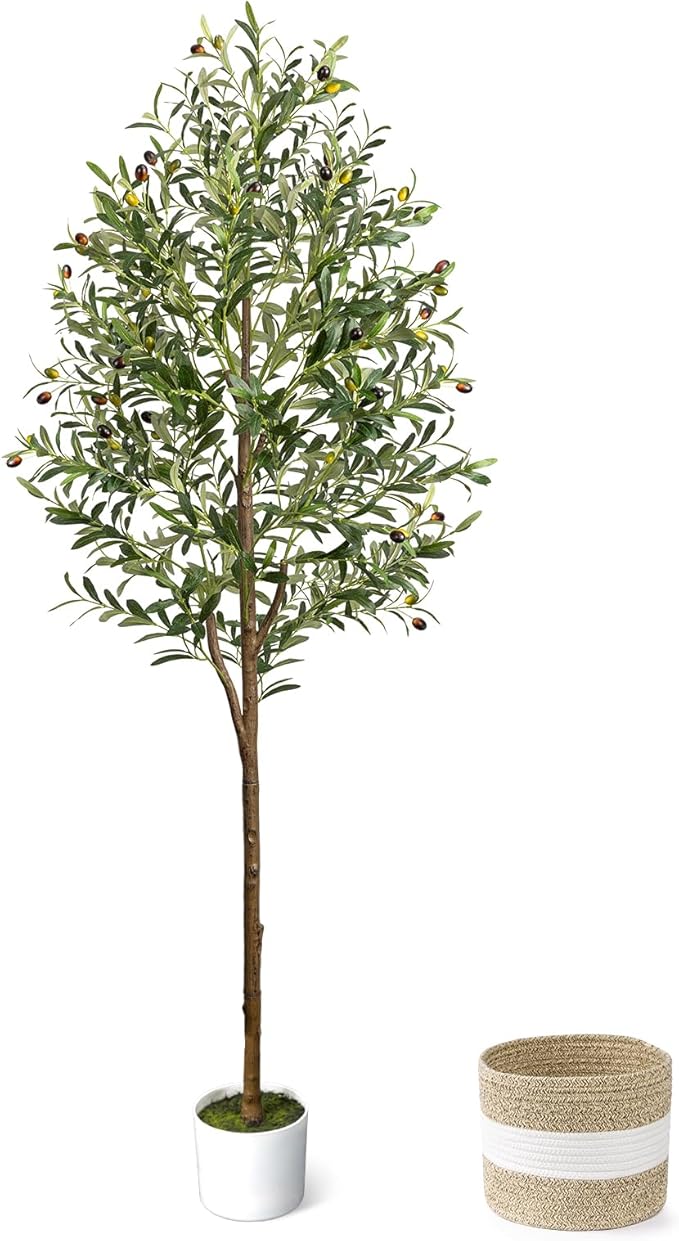 LuceAlberi 6FT Artificial Olive Tree - Indoor Tall Faux Olive Trees with Planter&Basket, Large Fake Olive Silk Tree Realis...