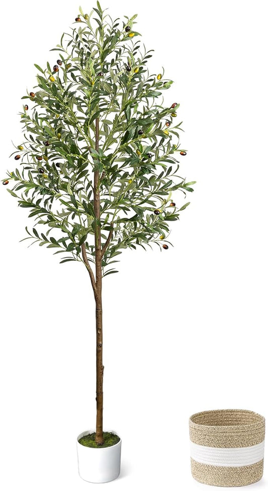 LuceAlberi 6FT Artificial Olive Tree - Indoor Tall Faux Olive Trees with Planter&Basket, Large Fake Olive Silk Tree Realis...