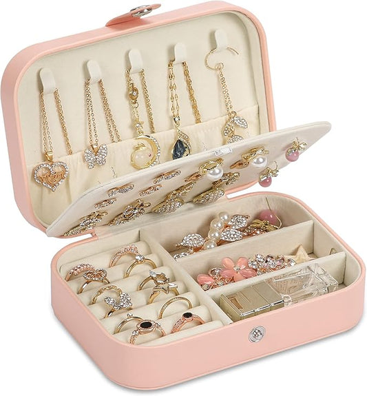 XZUZ Travel Jewelry Box, PU leather Small Jewelry Organizer For Female Girls, double layer portable mini travel case for s...