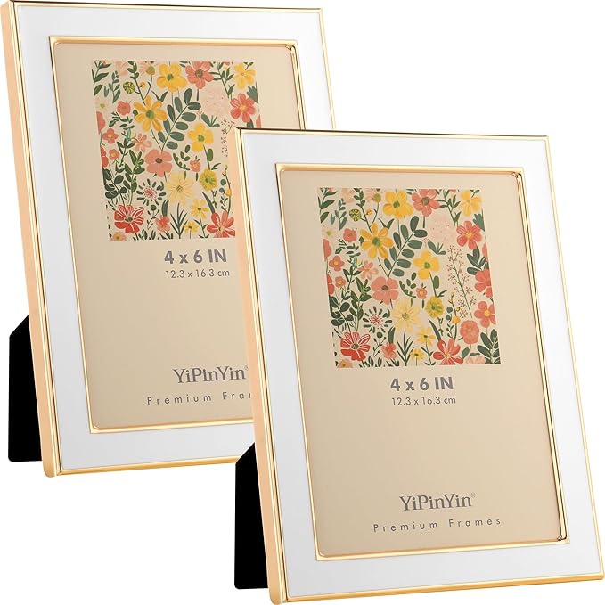 YiPinYin 4x6 White Enamel Picture Frames with metal Gold Plated Edge,HD-Real Glass & Velvet Back,for Countertop,Tabletop D...