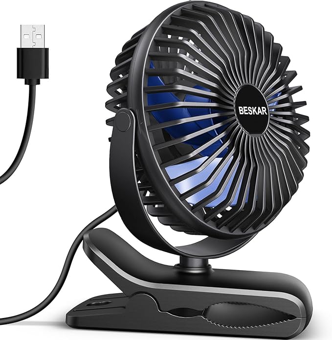 BESKAR USB Clip on Fan, Portable Small Fan with Cord Powered, 3 Speeds Strong Airflow, with Sturdy Clamp, Quiet Personal D...