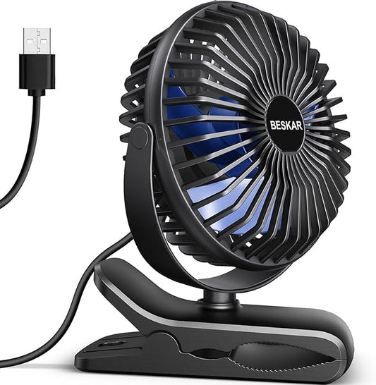 BESKAR USB Clip on Fan, Portable Small Fan with Cord Powered, 3 Speeds Strong Airflow, with Sturdy Clamp, Quiet Personal D...