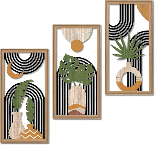 Putuo Decor Boho Abstract Wall Art Set of 3, Modern Minimalist Wooden Wall Decor, Geometric Aesthetic Botanical Artwork, M...