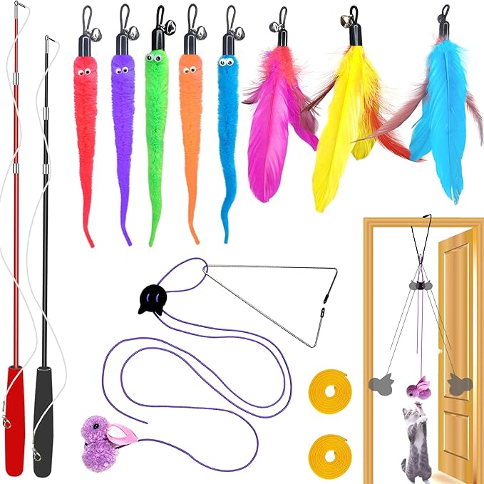 ZPH Cat Toys Interactive for Indoor Cats,2PCS Retractable Cat Wand,9PCS Teaser Toys&1PCS Hanging Door Lure Kitten Toy,Inte...