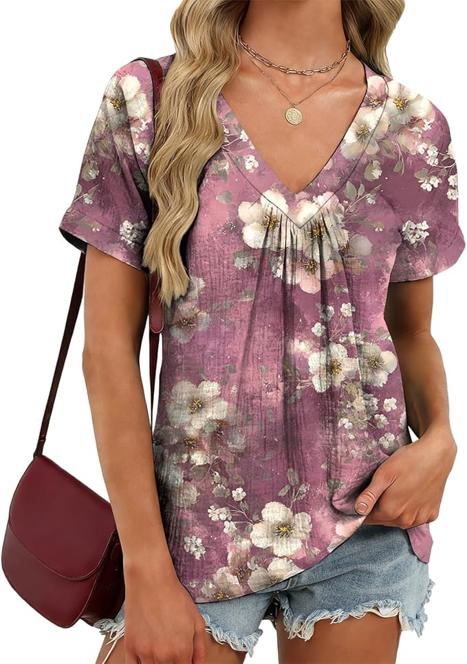 MARSVOVO Womens Pleated V Neck Short Sleeve Shirts Summer Everyday Casual Tunic Tops Comfy Breathable Hawaiian Tees