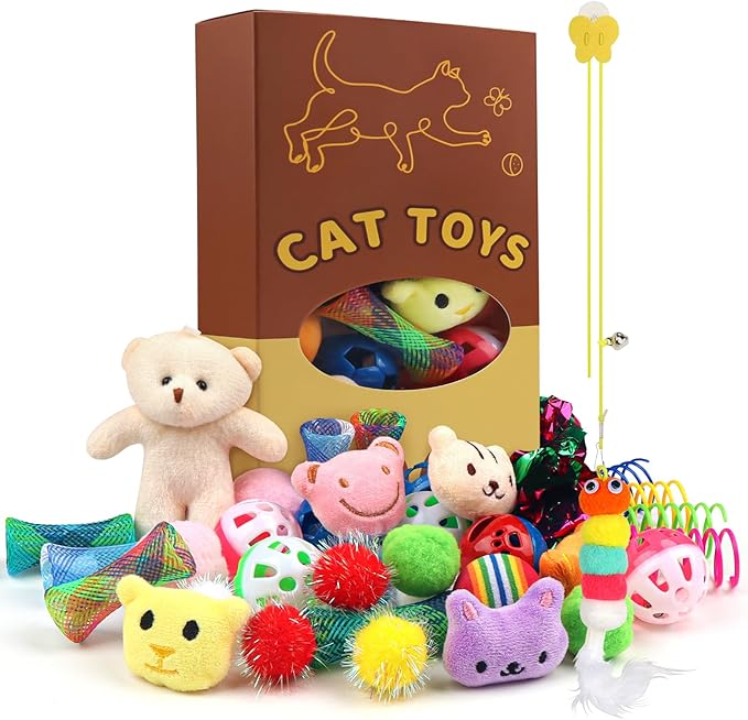 QUOZUO Kitten Toys - 38PCS Cat Play Set, Sparkle Balls, Plush Pom Pom Balls, Hanging Door Toy, Gift Box Styles