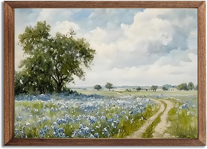 Nature Vintage Preppy Blue Wildflower Pathway Wall Art Prints Landscape Oil Painting Style Gift Posters Canvas Field Tree ...