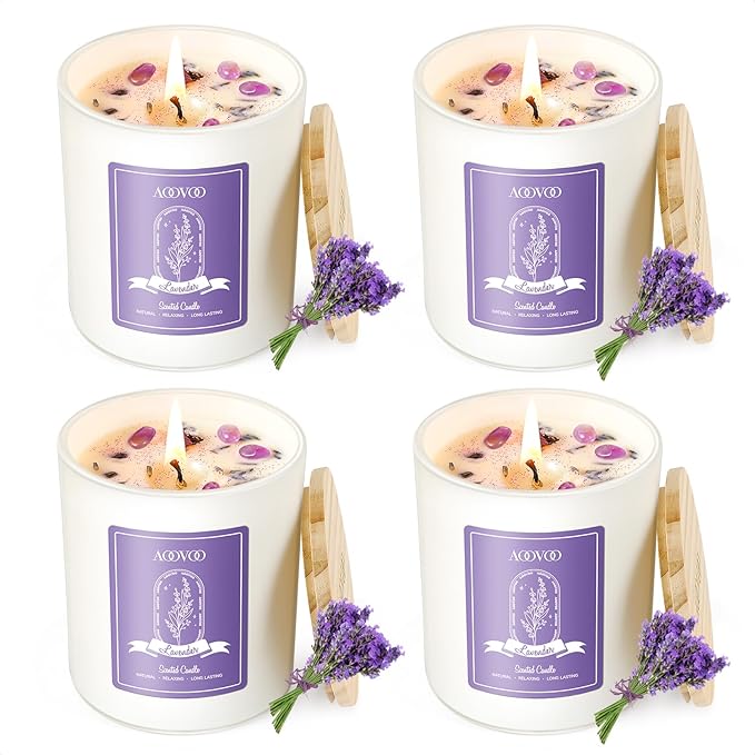 AOOVOO Lavender Candles Set for Women - 4 Pack Candles for Home Scented, Aromatherapy Candle with Crystals Inside, 28 oz 2...