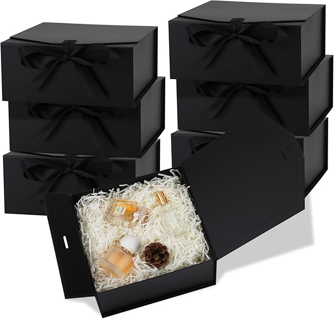 OEMVALATY 6-Pack Gift Boxes,9x9x4 Inch Magnetic Gift Boxes with Lids for Presents,Black with Ribbon, Bridesmaid Proposal B...