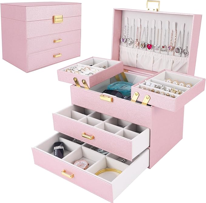 Dajasan Jewelry Organizer Box, Large Jewelry Boxes for Girls, Space-Saving 4 Layers Jewelry Storage Case with Drawer, Gift...