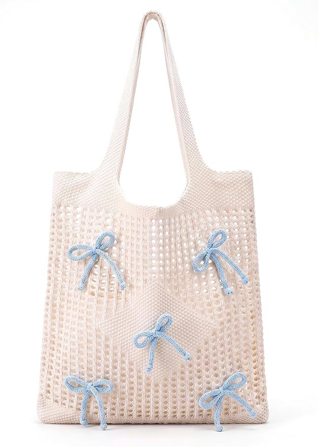 Clysee Crochet Tote Bag for Women Coquette Knit Beach Bag with Bows Preppy Woven Bag Boho Mesh Handbag for Summer Vacation