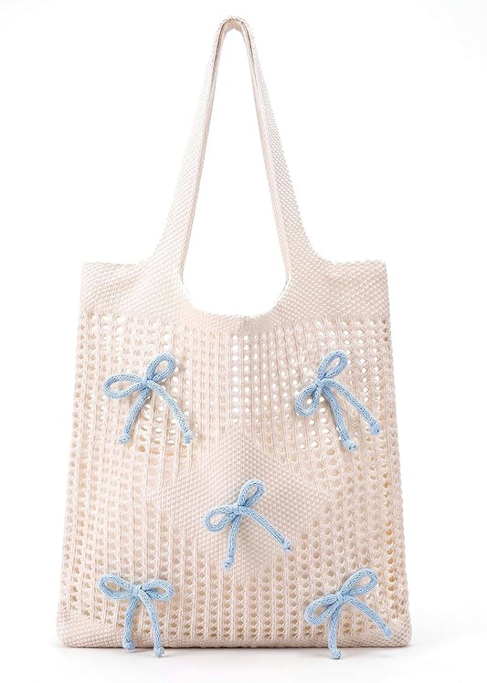 Clysee Crochet Tote Bag for Women Coquette Knit Beach Bag with Bows Preppy Woven Bag Boho Mesh Handbag for Summer Vacation