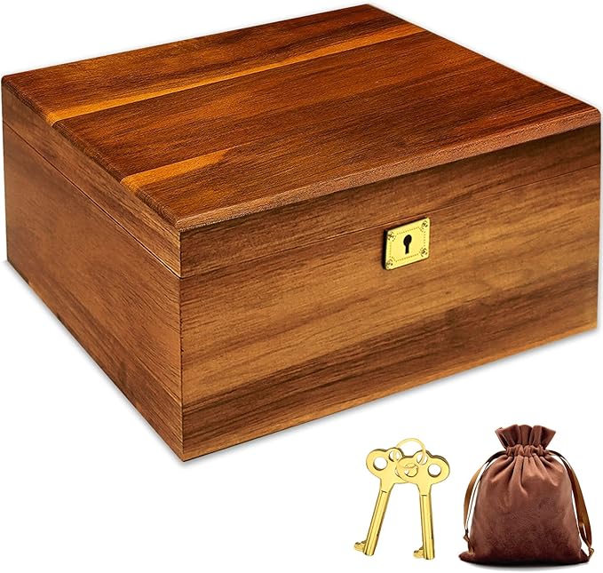 MFLUEEWR Wooden Storage Box with Hinged Lid and Locking Key Large Premium Solid Acacia Keepsake Chest Box -Storage Space t...