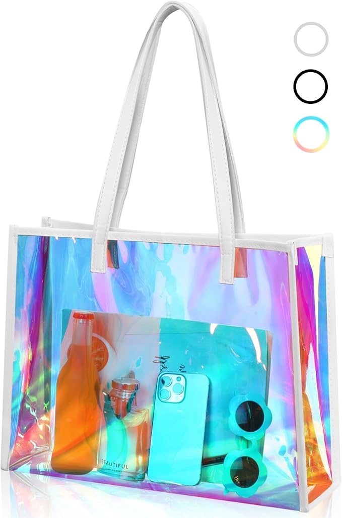 Aliceset Holographic Clear Tote Bag with Leather Handle Iridescent Bachelorette Beach Bag for Work Stadium Travel | with L...
