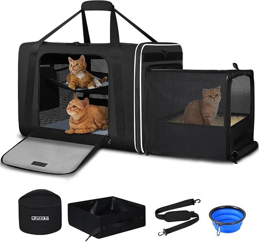 Petskd Side Expandable Extra Large Cat Carrier with Litter Box Area, 24"x17"x17" Soft-Sided Pet Carrier for 2 Cats Under 5...