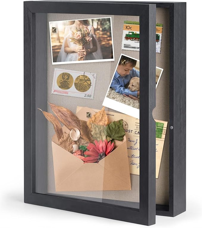 SZQINJI 11x14 Shadow Box Frame Memory Box Flower Shadow Box Display Case with Linen Back Glass Magnetic Door for Memorabil...