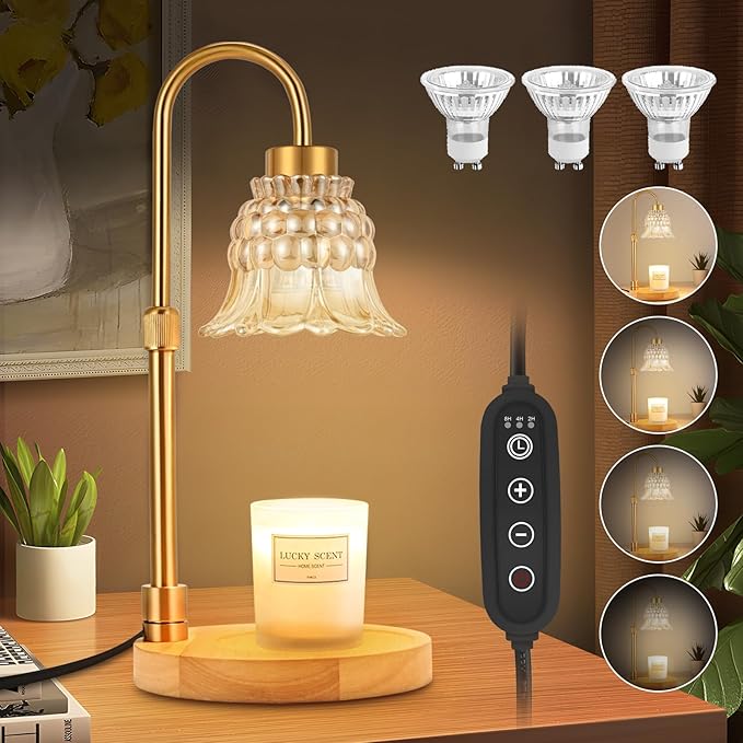 Candle Warmer Lamp with Timer & Dimmer, Adjustable Height Electric Candle Warmer with 3 Bulbs,Compatible with All Size Sce...