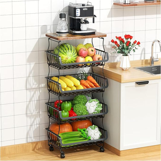 Gsiekare Fruit Vegetable Basket for Kitchen, 5 Tier Stackable Fruit Vegetable Storage Baskets with Wheels, Metal Wire Stor...